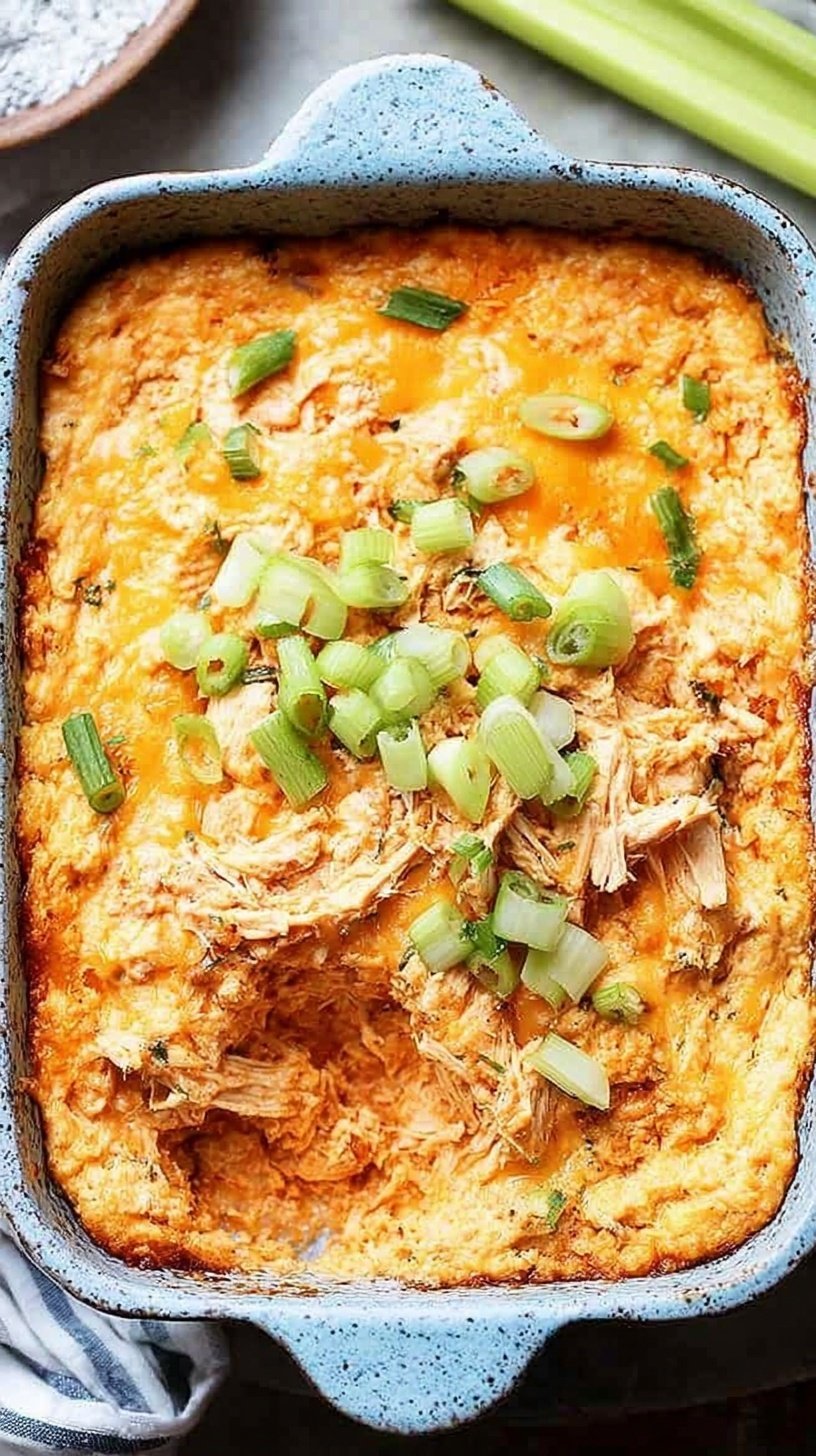 A warm dish of healthy buffalo chicken dip topped with melted cheese and green onions.