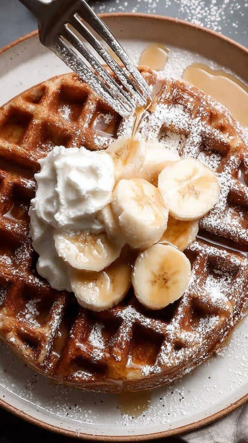 Golden brown flourless banana oat waffles topped with fresh berries on a white plate