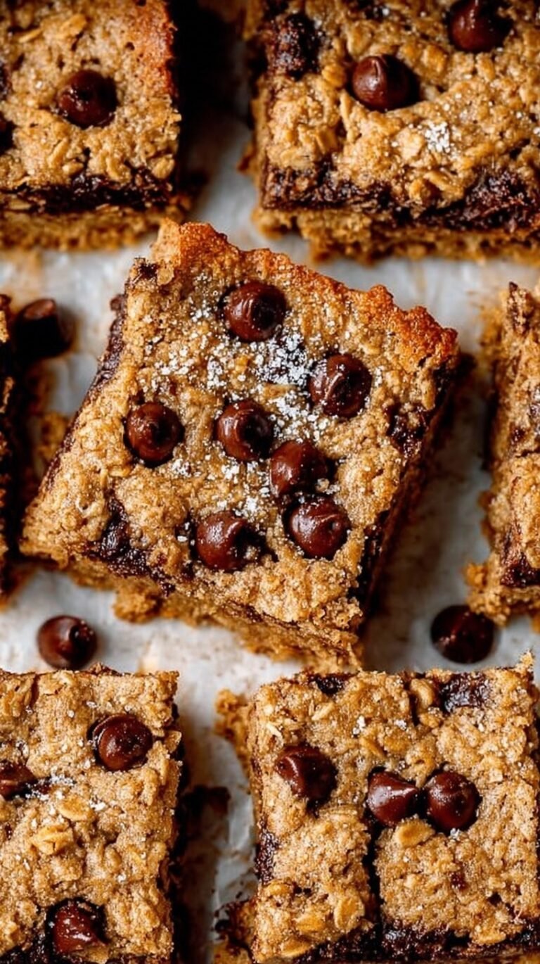 A stack of golden brown oatmeal bars with dark chocolate chips on a wooden board.