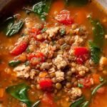 A steaming bowl of turkey lentil soup with carrots, celery, and fresh spinach