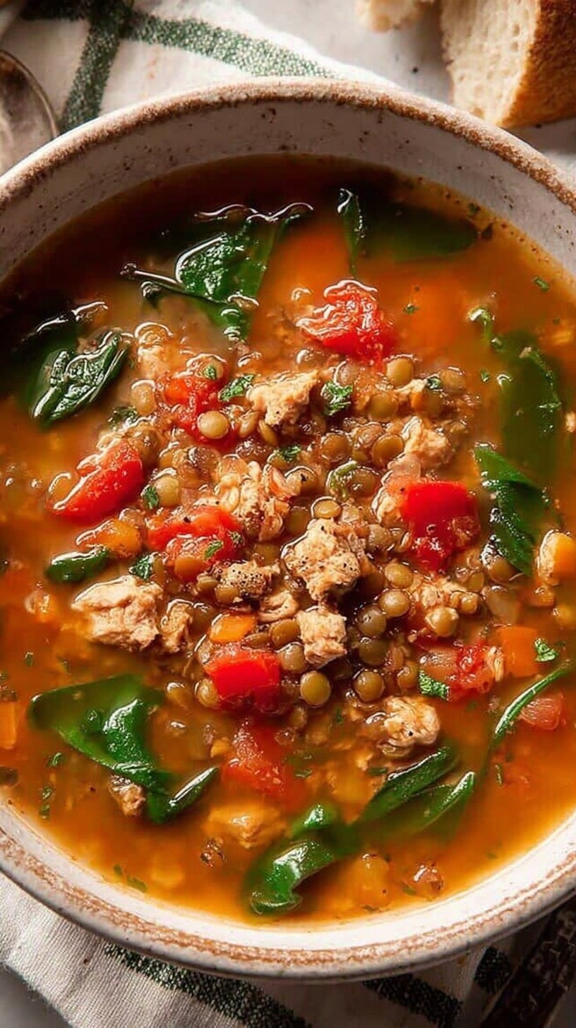 A steaming bowl of turkey lentil soup with carrots, celery, and fresh spinach