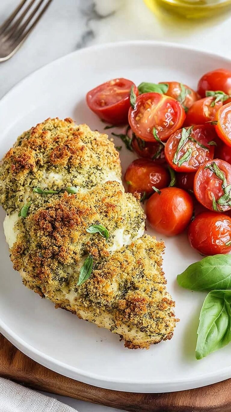 Golden baked chicken breast topped with creamy green pesto goat cheese and crispy breadcrumbs