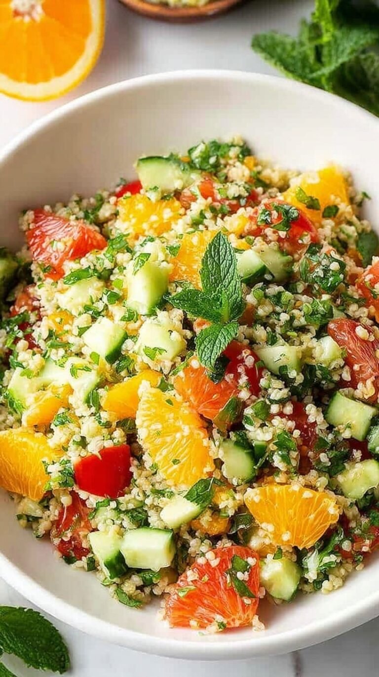 A bright bowl of Citrus Tabbouleh Salad with fresh parsley, tomatoes, and orange zest.