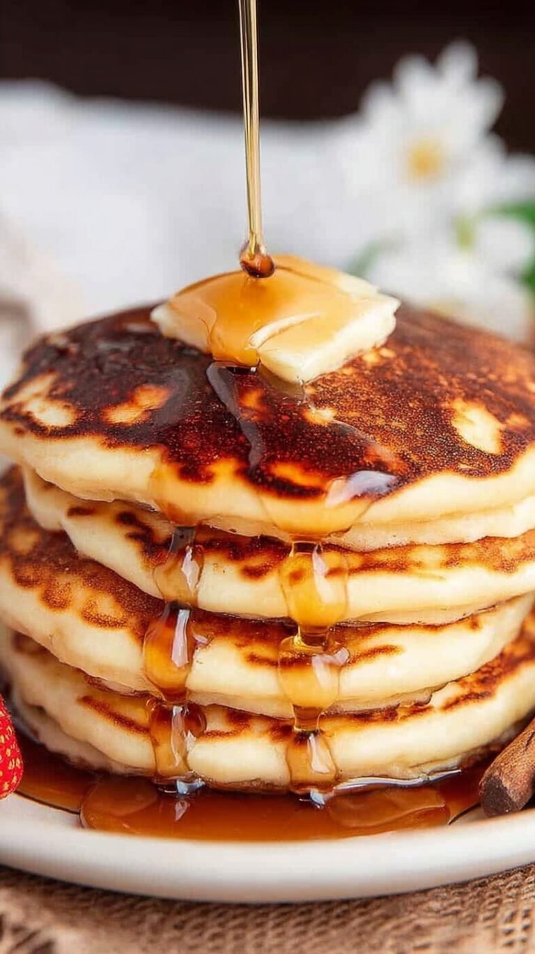 A stack of golden brown fluffy oat milk pancakes topped with maple syrup and fresh berries.