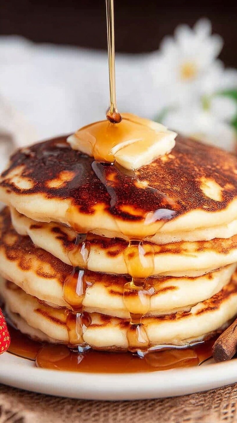 A stack of golden brown fluffy oat milk pancakes topped with maple syrup and fresh berries.