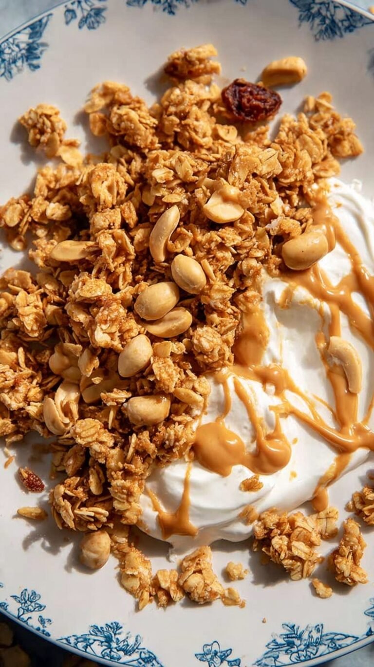 Golden brown clusters of peanut butter granola on a baking sheet