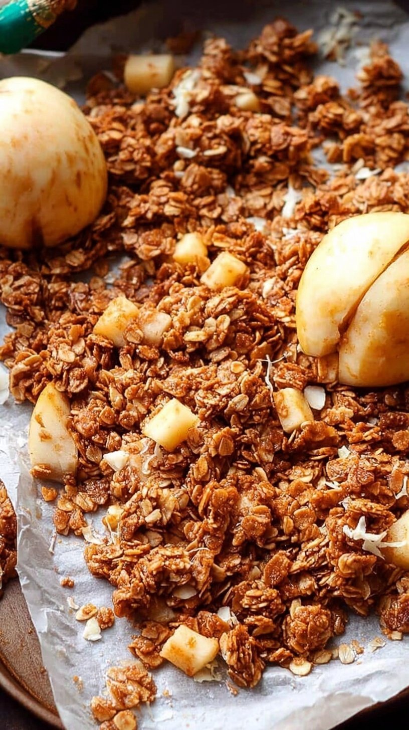 A close-up of crunchy granola with pecans and dried apple pieces on a baking sheet.