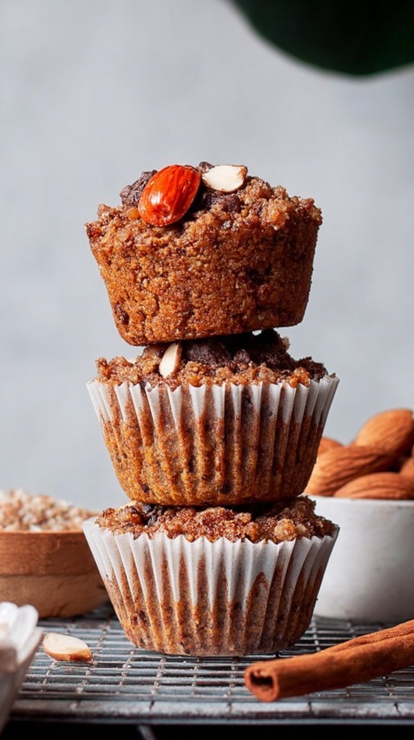 A stack of golden brown pumpkin muffins made with almond flour on a wire cooling rack