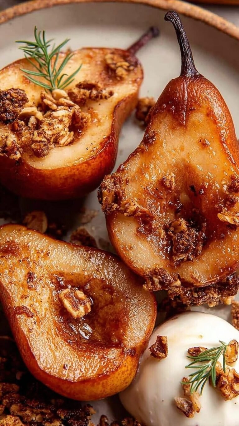 Warm caramelized pear halves with cinnamon and walnuts in an air fryer basket