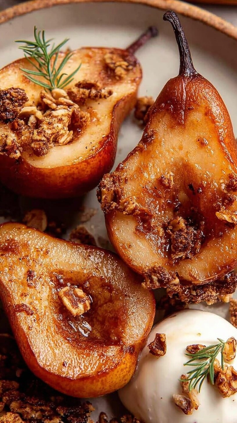 Warm caramelized pear halves with cinnamon and walnuts in an air fryer basket