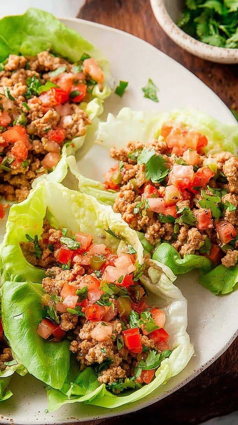 Savory ground beef filling inside crisp green butter lettuce leaves topped with cheese and avocado