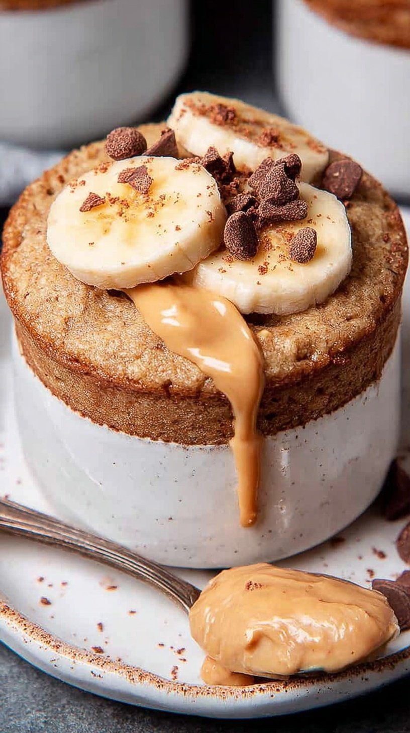 A single-serve mug filled with fluffy baked oats and melted chocolate chips on top.