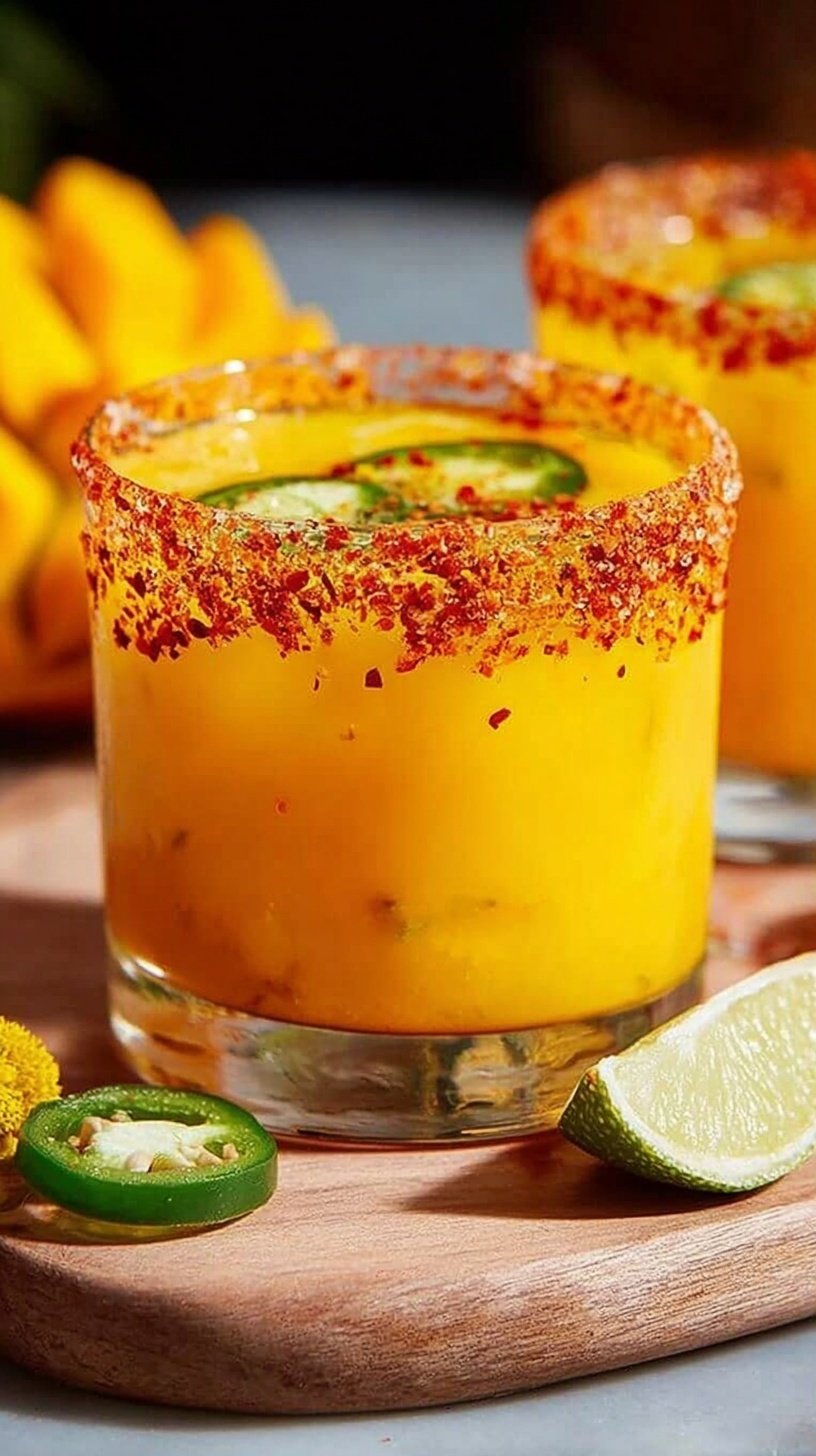 A vibrant yellow Spicy Mango Margarita in a salt-rimmed glass with a lime garnish.
