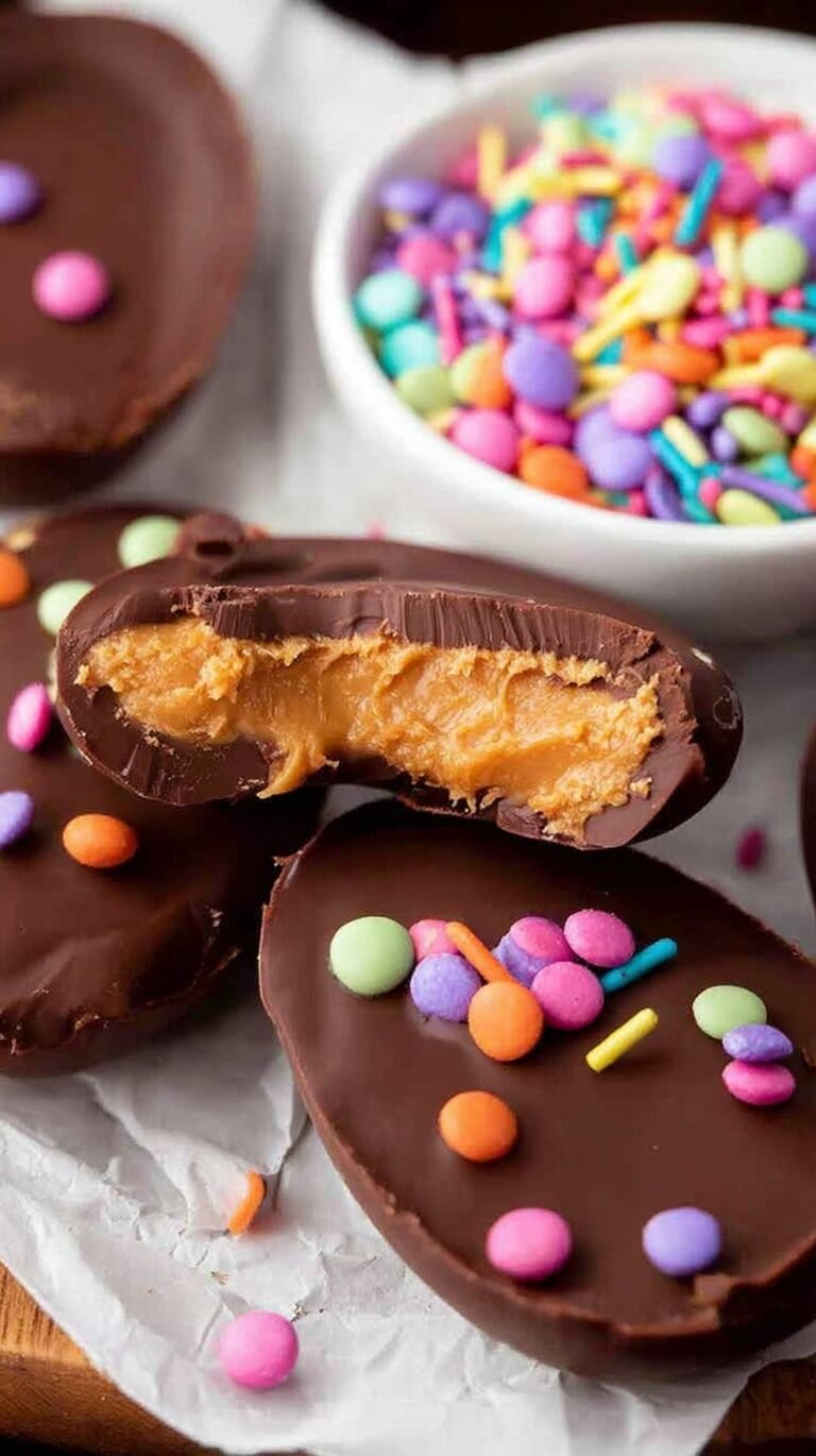 Chocolate covered healthy peanut butter eggs on a parchment lined tray