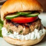 Juicy turkey burger with feta cheese and spinach in a toasted pita