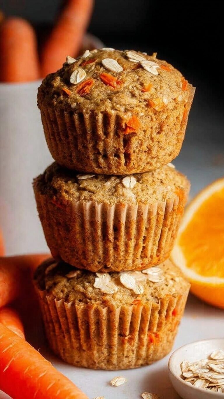 A stack of golden brown carrot orange muffins on a wire cooling rack with fresh orange slices nearby.