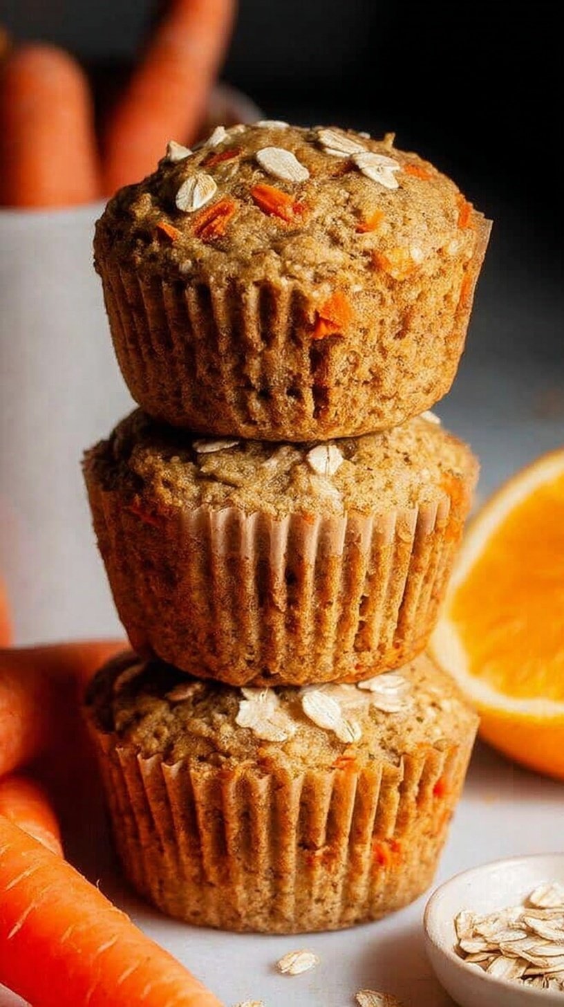 A stack of golden brown carrot orange muffins on a wire cooling rack with fresh orange slices nearby.