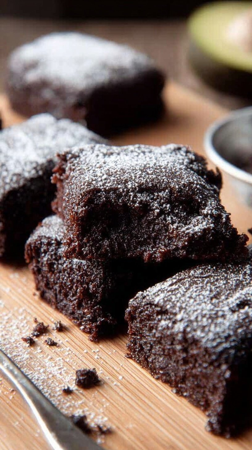 A stack of fudgy chocolate brownies made with avocado and banana on a cooling rack.