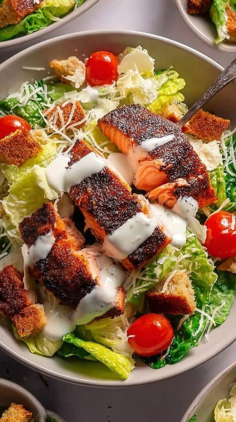 A fresh Caesar salad topped with a blackened salmon fillet and shaved parmesan cheese.