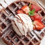 A stack of golden brown waffles with visible chocolate Nutella swirls and melting butter.