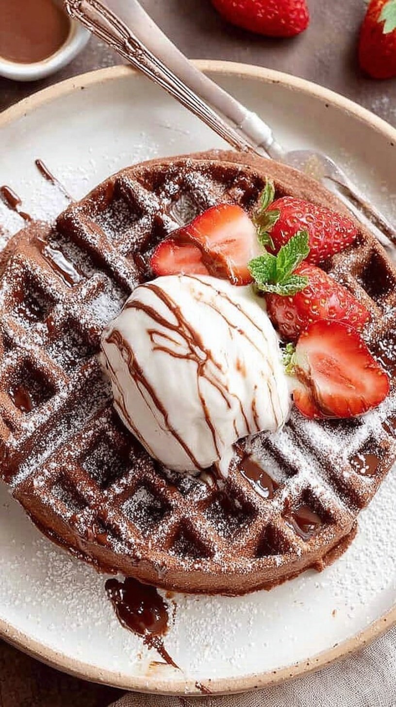 A stack of golden brown waffles with visible chocolate Nutella swirls and melting butter.