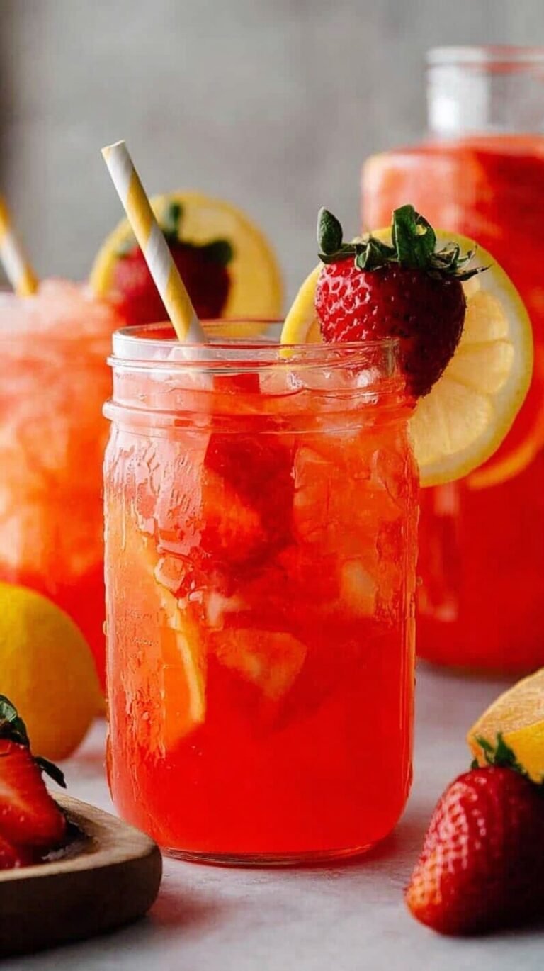 A refreshing highball glass of Strawberry Lemonade Vodka garnished with a lemon wheel on a sunny table.