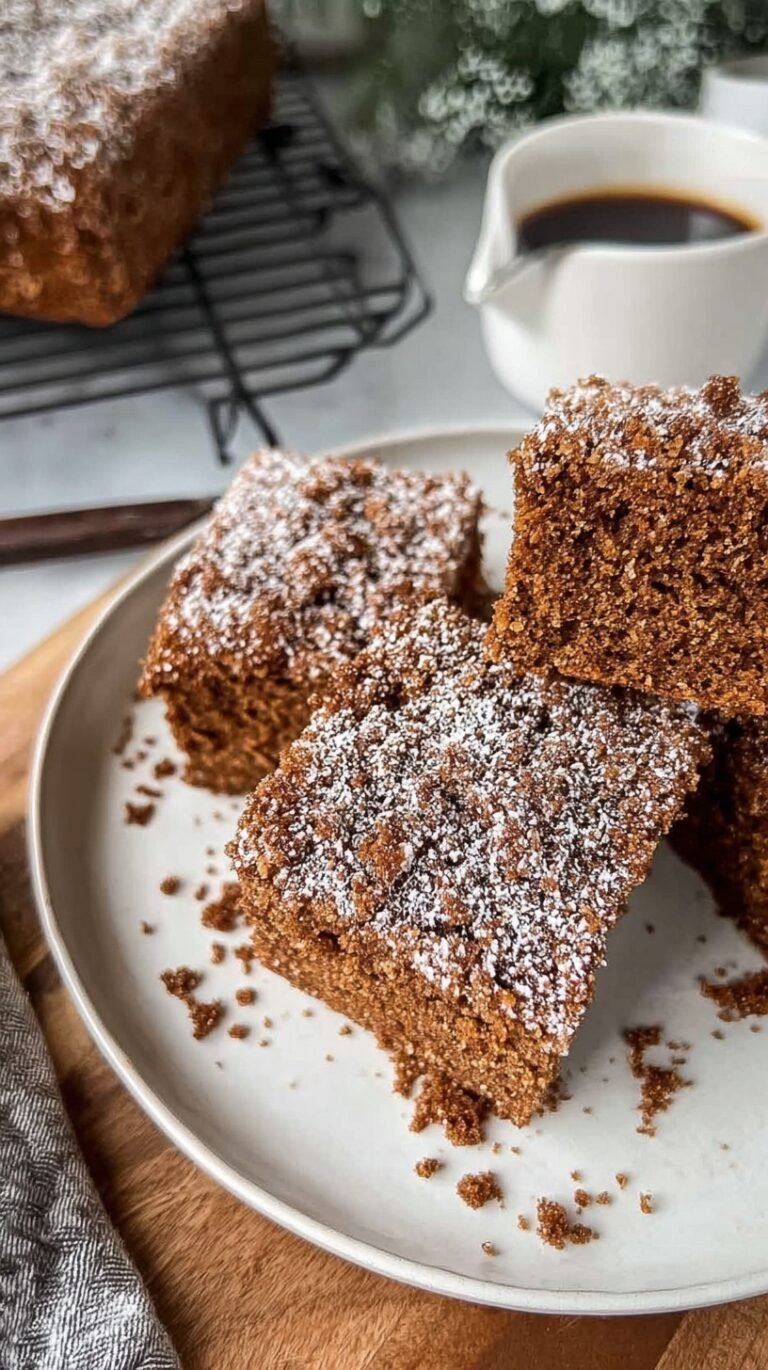 A slice of healthy gingerbread coffee cake with a walnut oat streusel on a white plate.