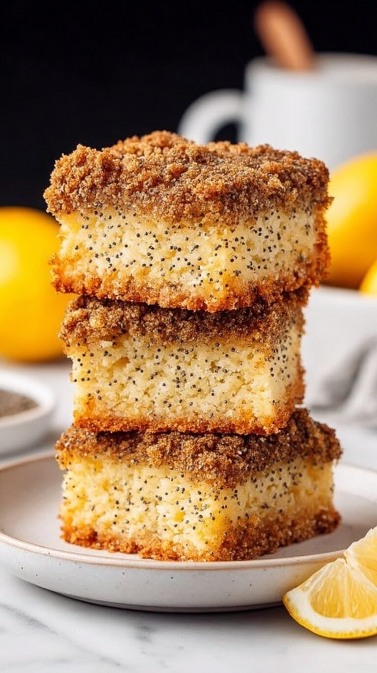 A slice of lemon poppy seed cake with an oat crumble topping on a white plate.