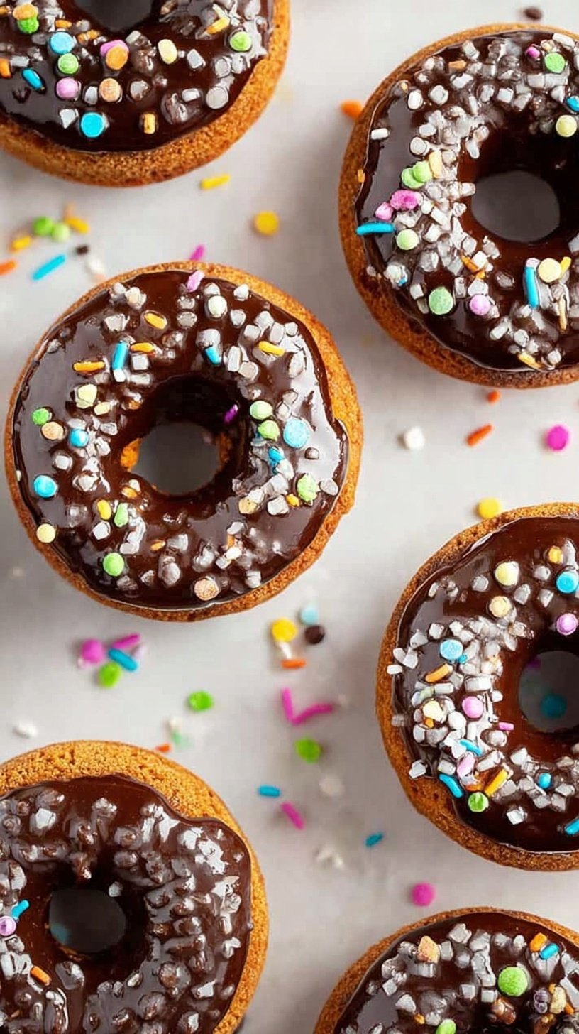A plate of healthy baked chocolate donuts with a dark chocolate glaze and sprinkles