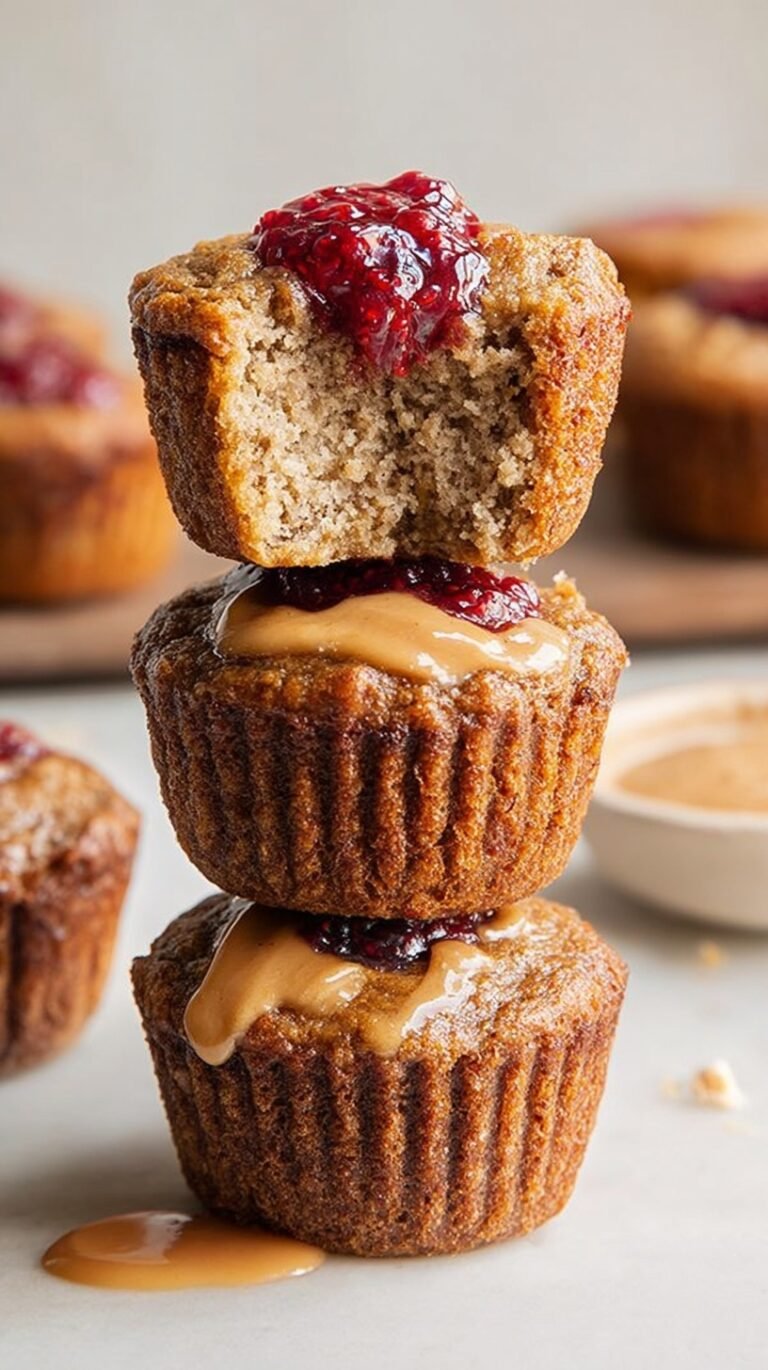 Freshly baked peanut butter banana muffins with a visible jelly center on a wire cooling rack