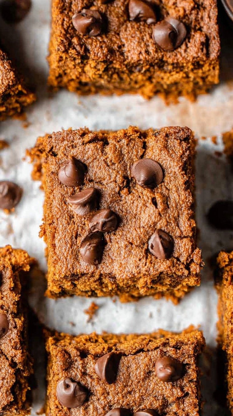 Fudgy pumpkin chickpea blondies with chocolate chips on a wooden board