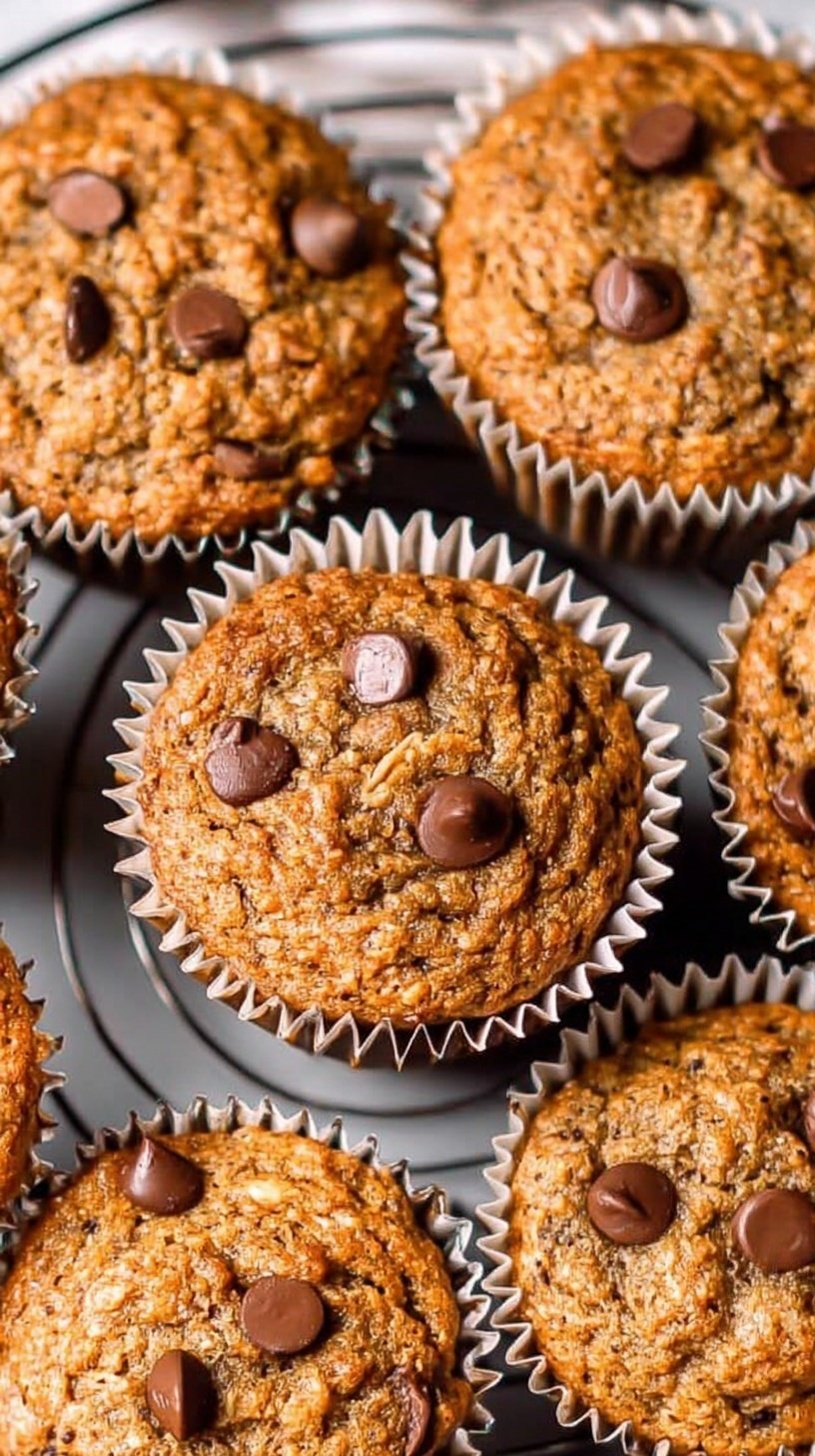 A stack of golden brown almond flour banana muffins on a wire cooling rack