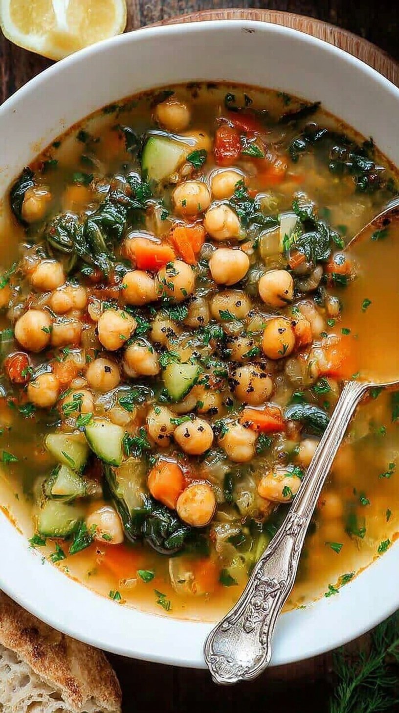 A bowl of creamy yellow chickpea soup garnished with fresh parsley and lemon slices.