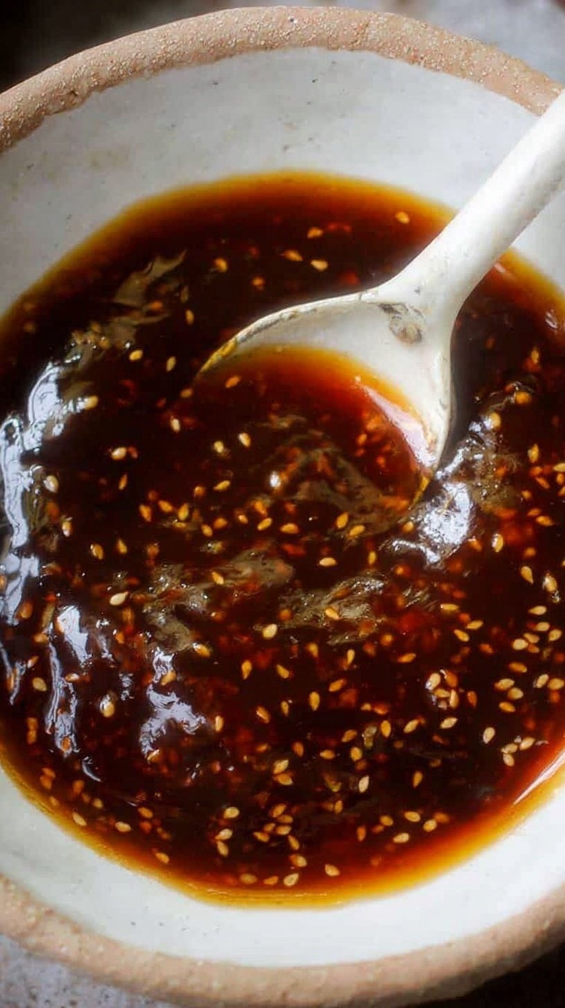 A jar of glossy, dark brown homemade teriyaki sauce with fresh ginger and garlic nearby.