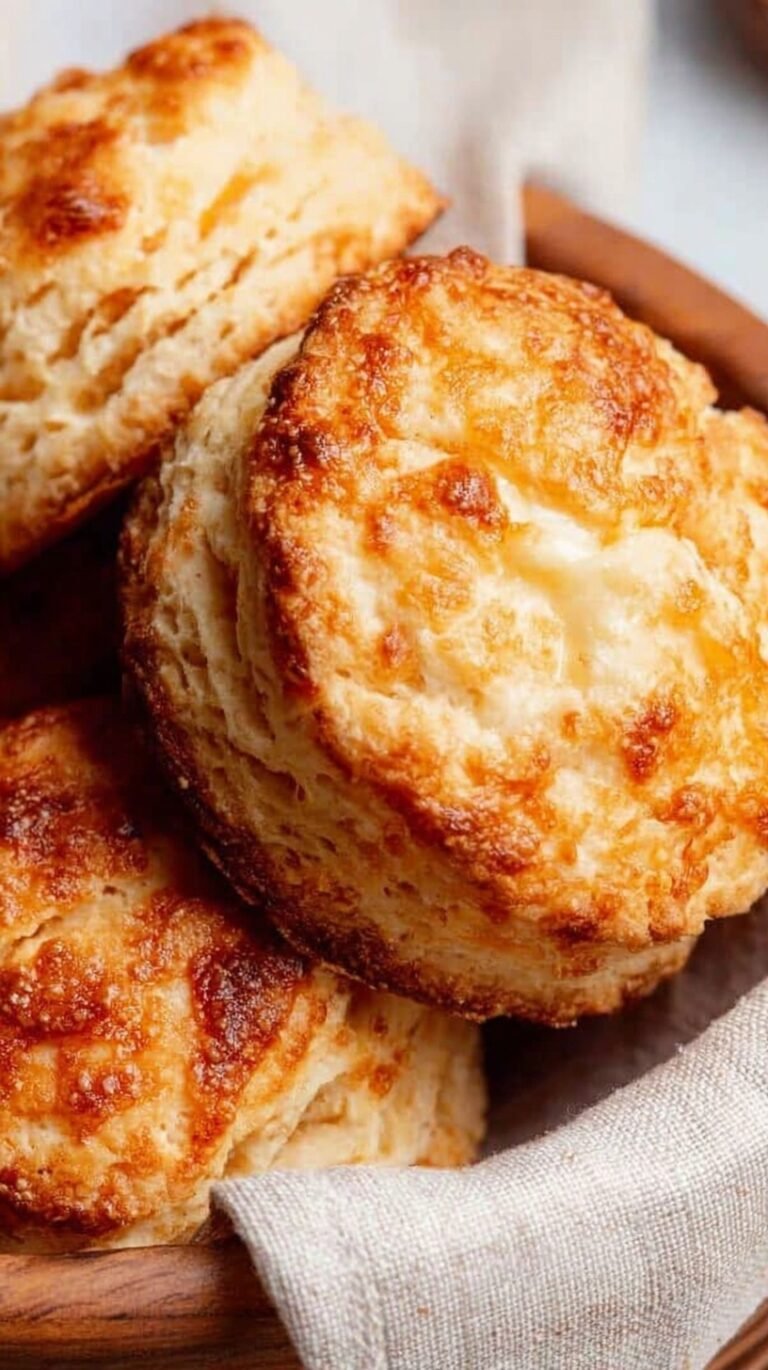 Golden brown buttermilk biscuits stacked in an air fryer basket