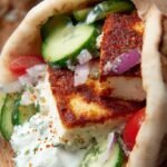 Golden pan-seared halloumi strips inside a warm pita with tomatoes, onions, and tzatziki sauce.