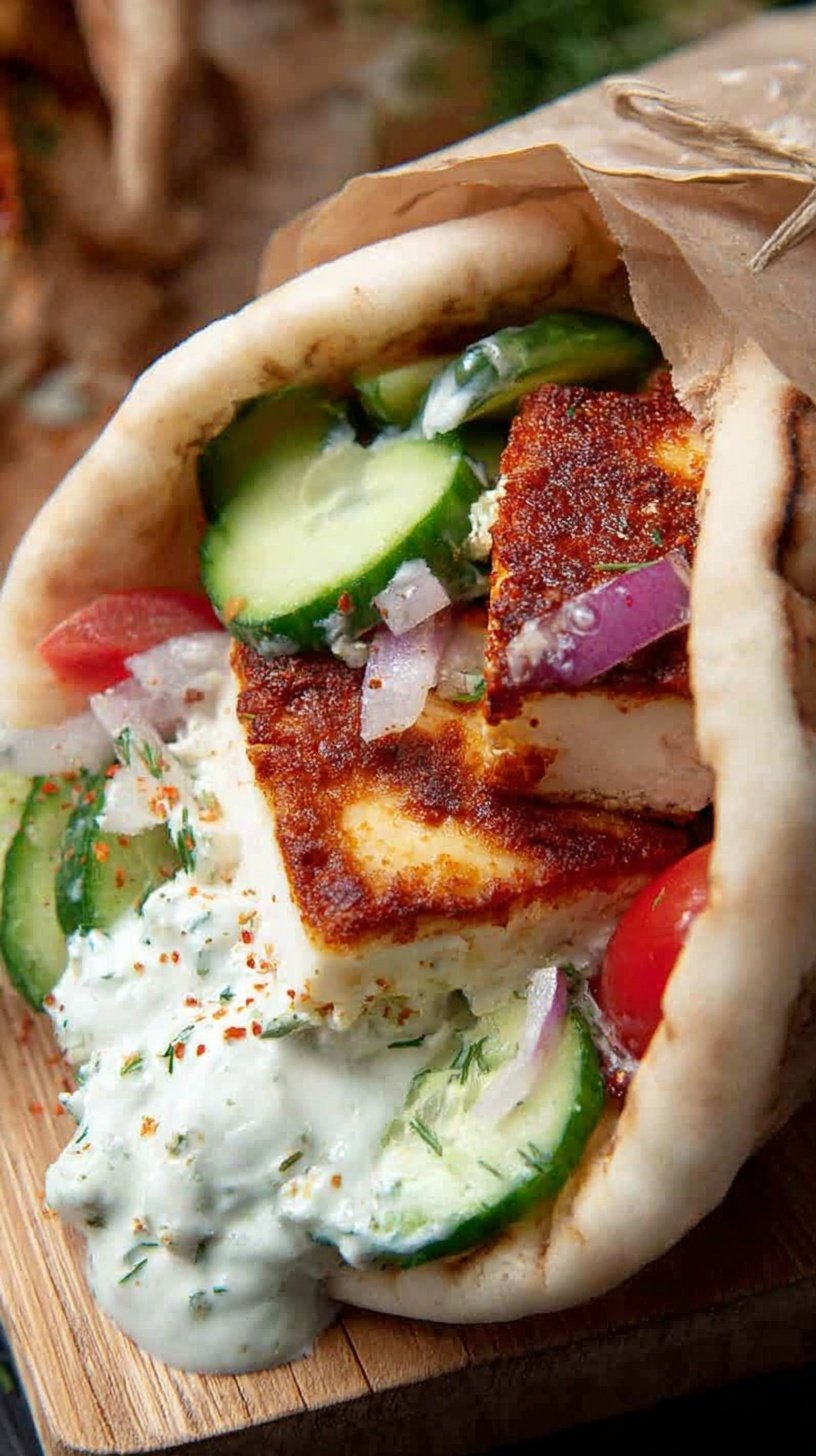 Golden pan-seared halloumi strips inside a warm pita with tomatoes, onions, and tzatziki sauce.