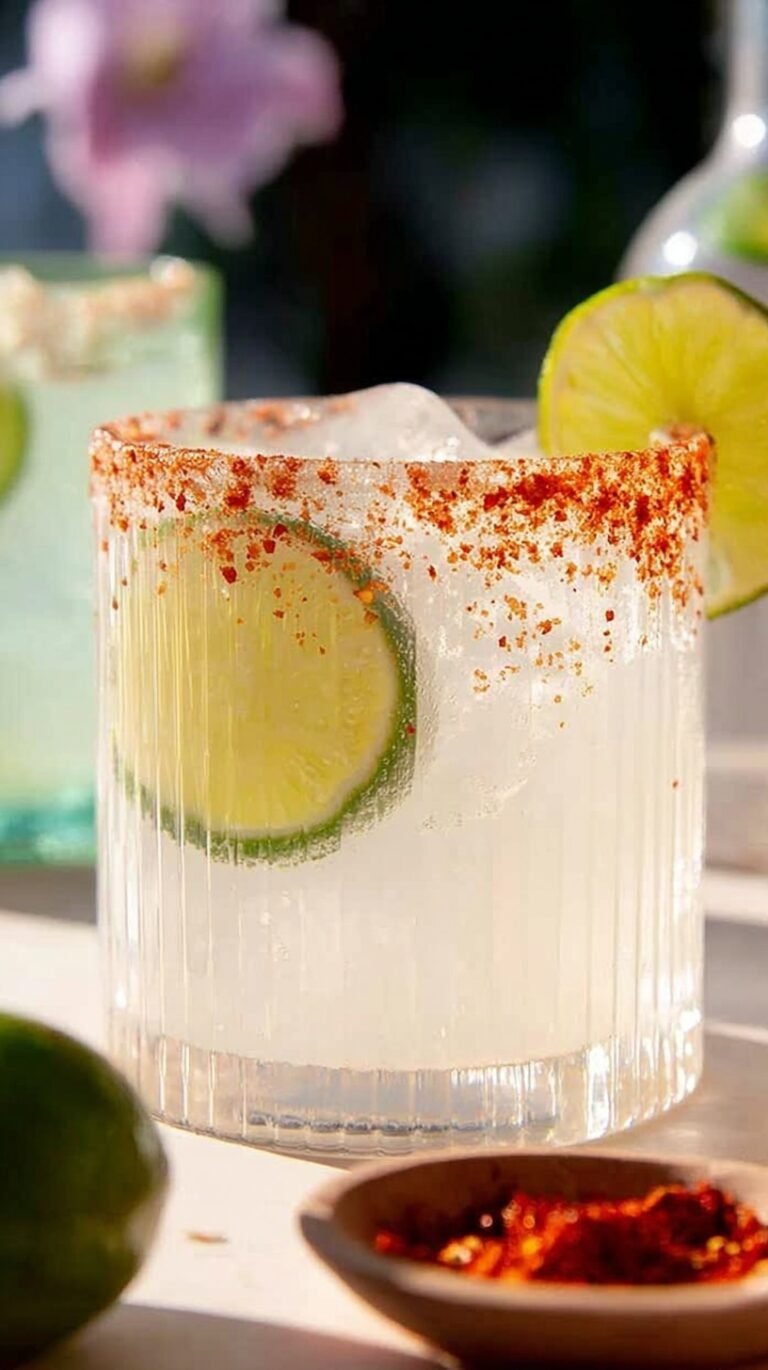 A tall highball glass of spicy ranch water with a Tajín rim and jalapeño slices