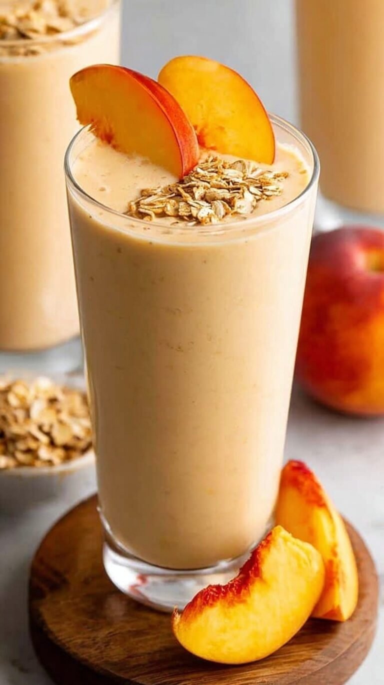 A tall glass of creamy yellow banana peach protein smoothie with a straw