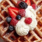 A stack of golden brown dairy-free waffles topped with fresh berries and maple syrup on a white plate.