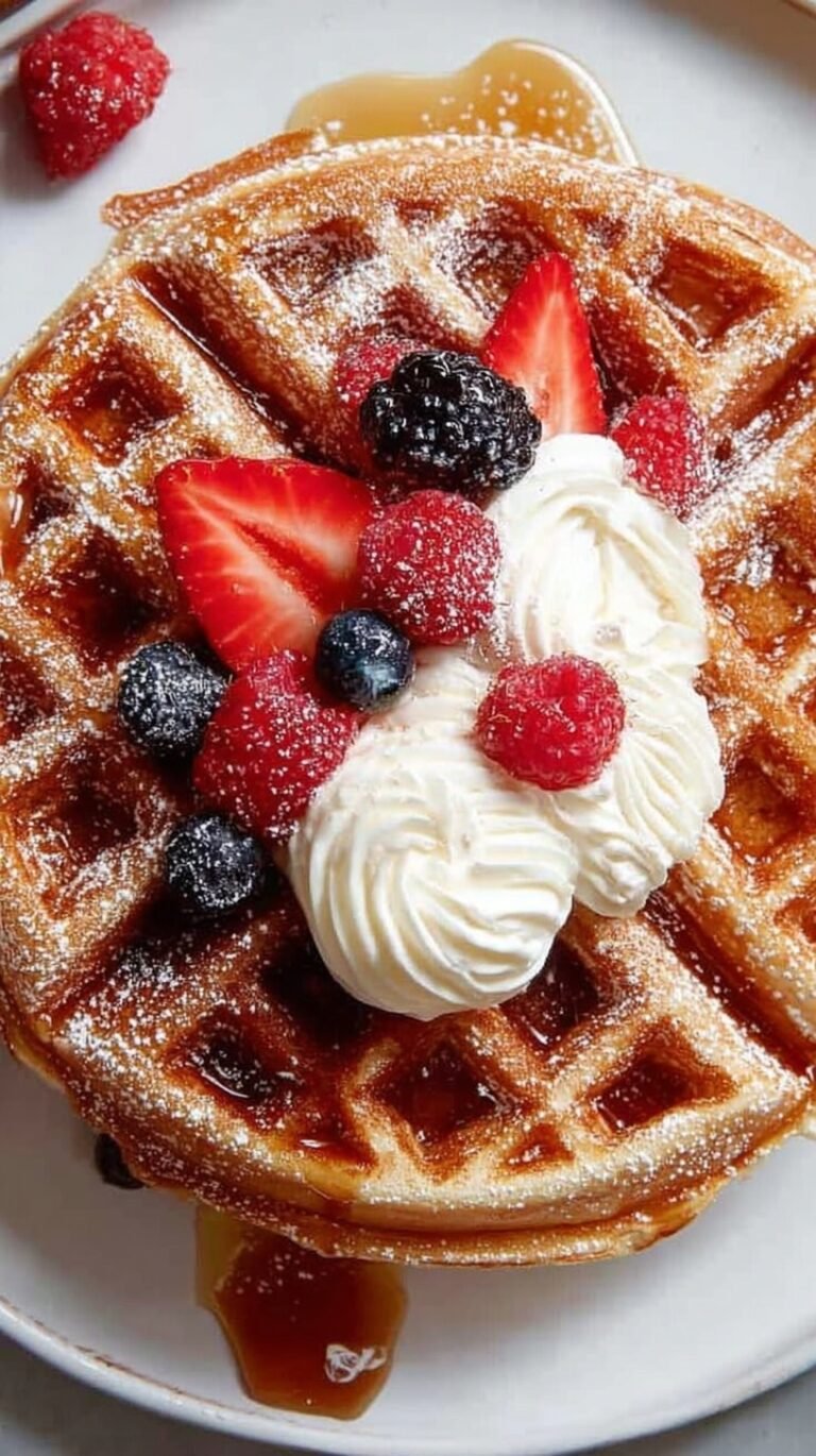 A stack of golden brown dairy-free waffles topped with fresh berries and maple syrup on a white plate.