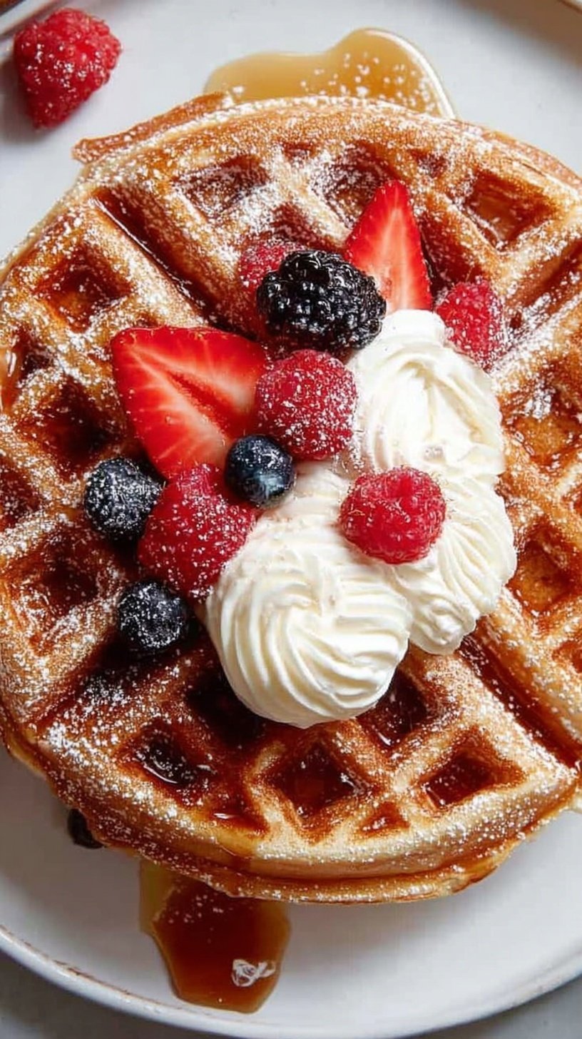 A stack of golden brown dairy-free waffles topped with fresh berries and maple syrup on a white plate.