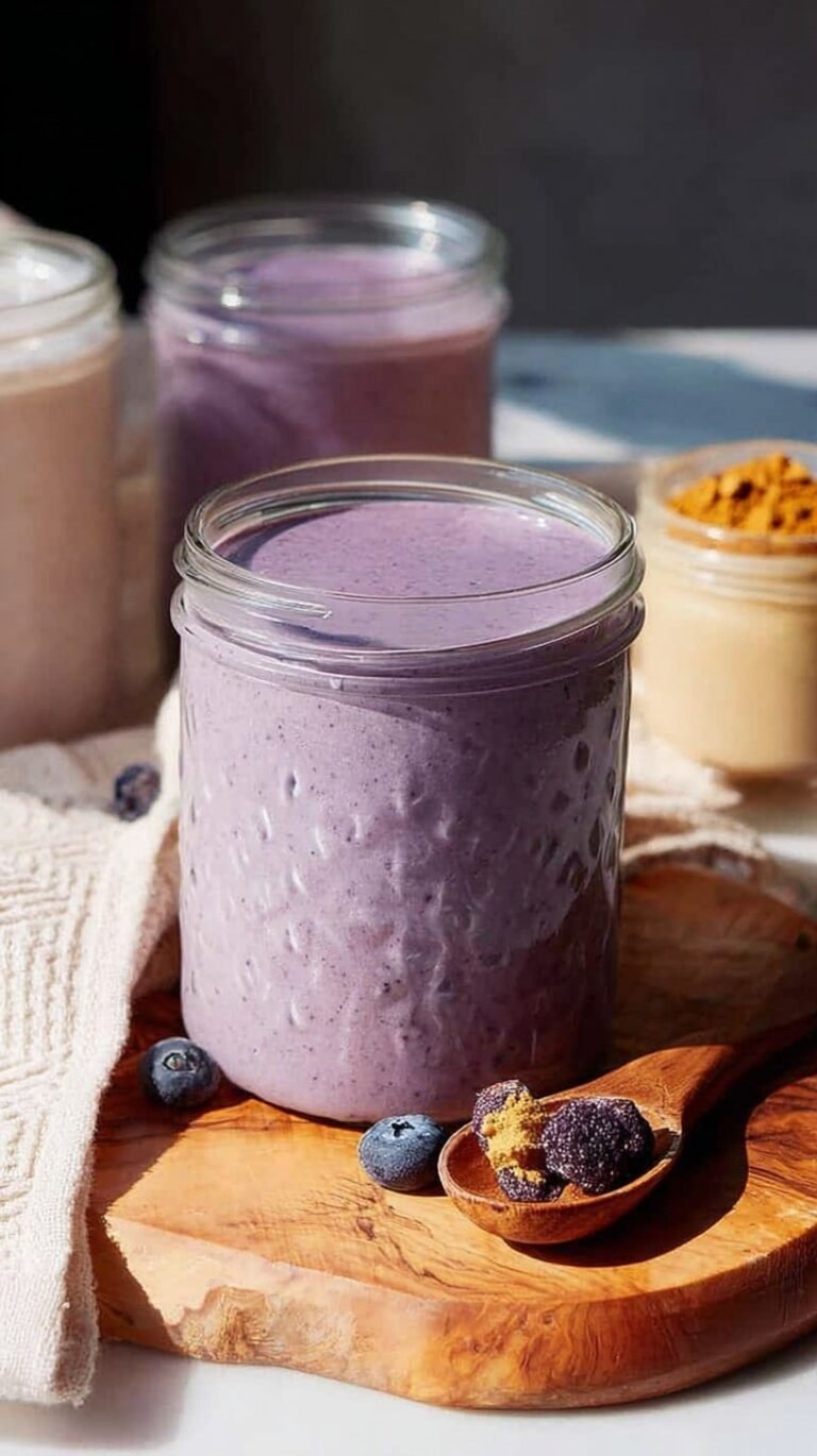 A vibrant purple blueberry banana protein smoothie in a glass with a straw
