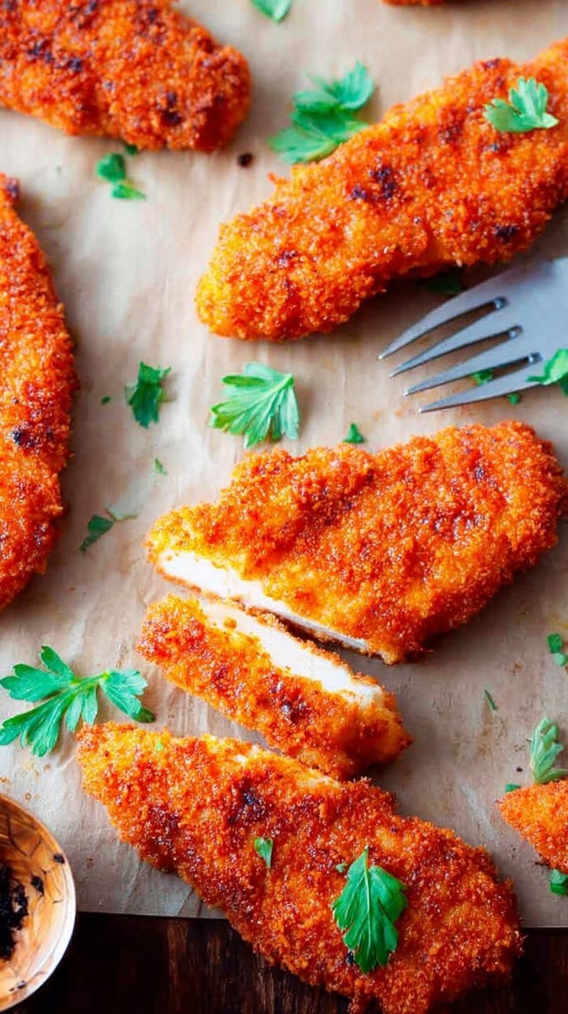 Golden brown fried chicken tenders coated in a red spicy oil glaze on a white plate.