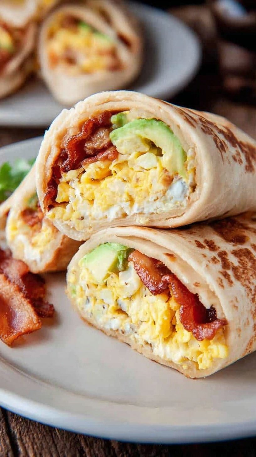 Large golden pancake rolled like a burrito filled with scrambled eggs, crispy bacon, and melted cheddar cheese.