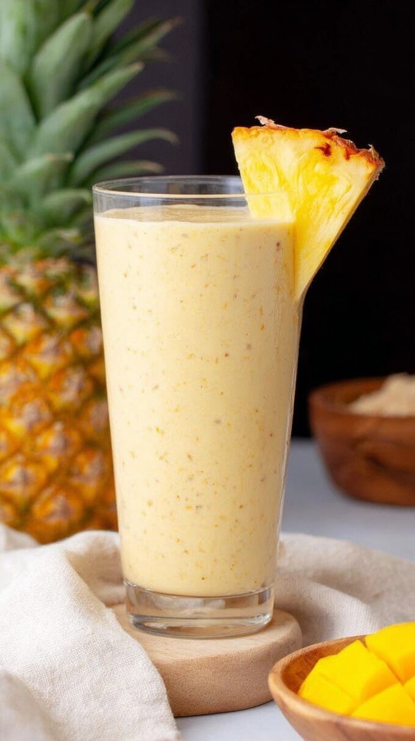 A creamy yellow mango pineapple smoothie in a tall glass with a straw