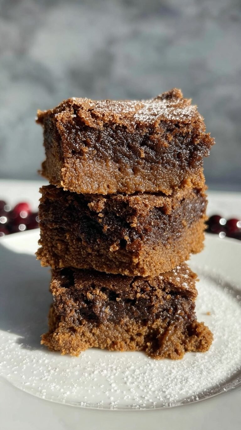 A stack of square gingerbread blondies with chocolate chips on a wooden board.