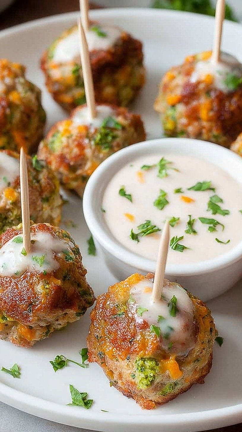Golden brown turkey meatballs with visible green broccoli and melted cheddar cheese on a parchment-lined baking sheet.
