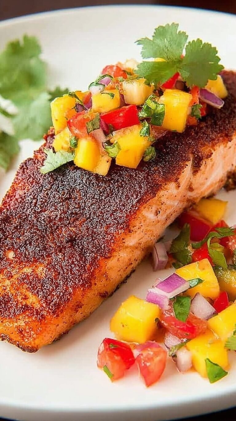 A seared blackened salmon fillet topped with colorful mango salsa on a white plate.