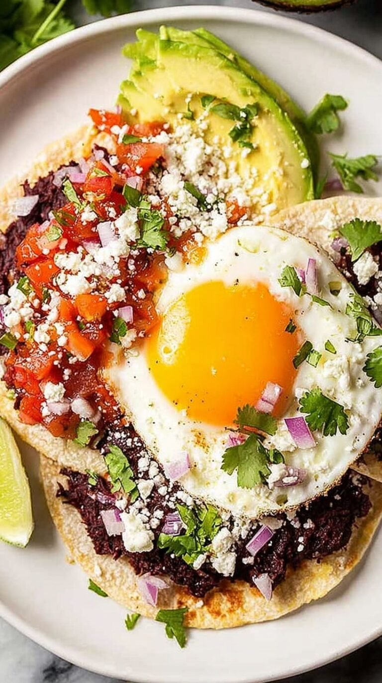 A plate of two crispy corn tortillas topped with black beans, fried eggs, red tomato sauce, and avocado slices.